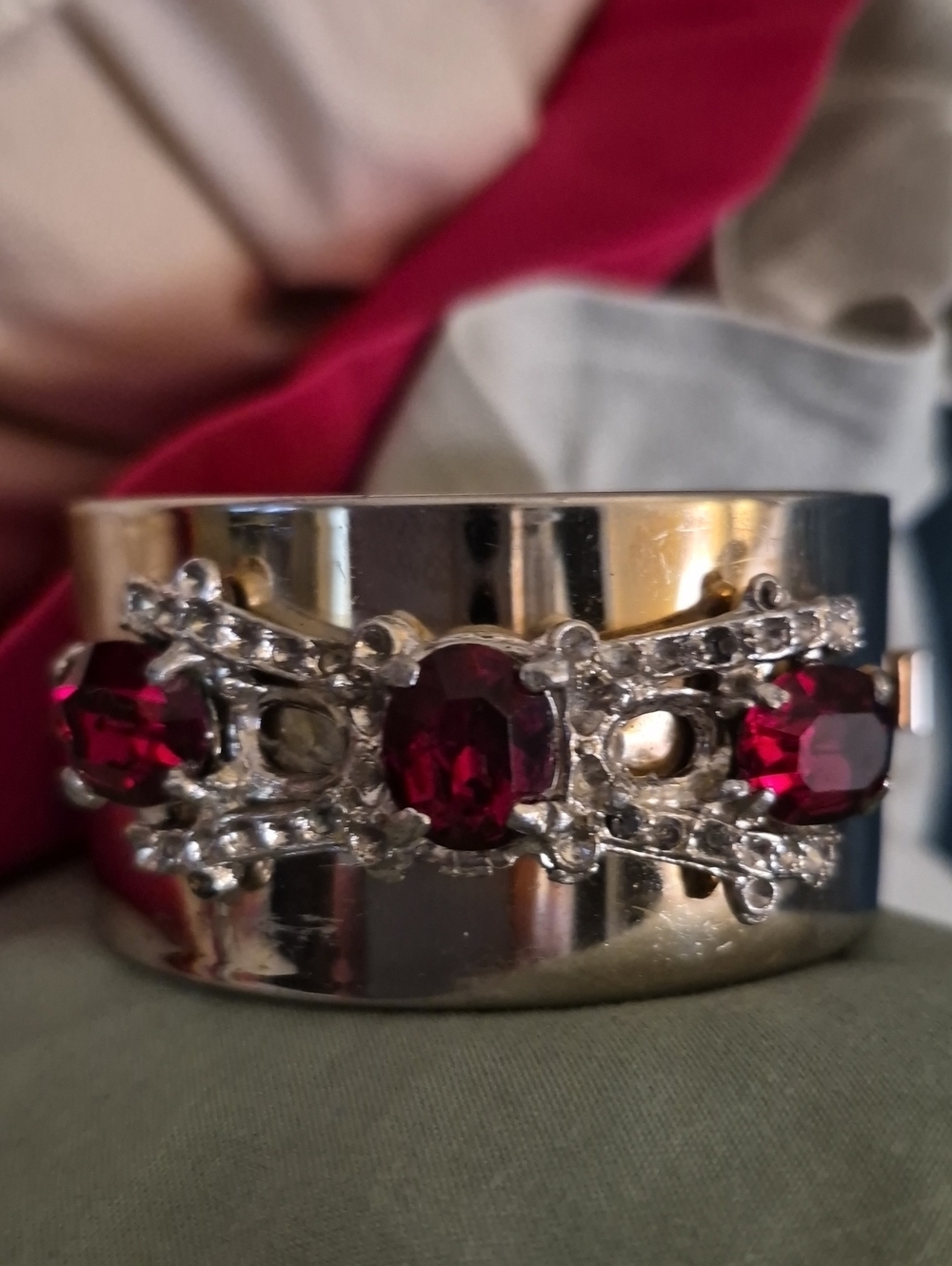 Vintage Art Deco Silver Red Ruby Rhinestone  Wide Cuff Bangle Hinged Bracelet